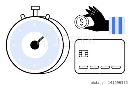 Time management, finance planning, payment processing, digital transactions, savings, budgeting. Stopwatch, hand holding a coin credit card outlines. Time management and finance planning concepts Time management, finance planning, payment processing, digital transactions, savings, budgeting. Stopwatch, hand holding a coin credit card outlines. Time management and finance planning concepts 141999586