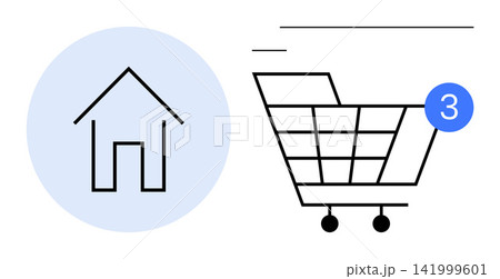 E-commerce, digital stores, online shopping, retail convenience, order notifications, user interface design. A house symbol and shopping cart with a notification badge. E-commerce and digital stores E-commerce, digital stores, online shopping, retail convenience, order notifications, user interface design. A house symbol and shopping cart with a notification badge. E-commerce and digital stores 141999601