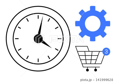 Productivity, e-commerce, time management, digital notification, workflow automation, technology. Clock, gear shopping cart and notification symbol in a clean vector style. Time management Productivity, e-commerce, time management, digital notification, workflow automation, technology. Clock, gear shopping cart and notification symbol in a clean vector style. Time management 141999628