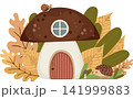 Whimsical autumn illustration of a cute mushroom house surrounded by colorful leaves, with a tiny snail on the roof and an adorable hedgehog near the entrance. Cozy woodland fairy tale design 141999883
