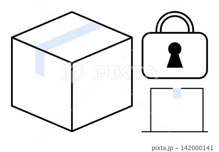 Shipping, logistics, privacy, data protection, security, secure packaging. A box and padlock symbol visually safety and protection. Shipping and security concept Shipping, logistics, privacy, data protection, security, secure packaging. A box and padlock symbol visually safety and protection. Shipping and security concept 142000141