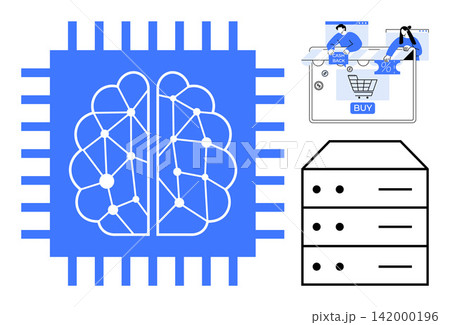 Artificial intelligence, neural networks, e-commerce, data storage, technology, online shopping. Circuit-thumbs up brain design, transaction interface and data server. AI and neural networks in Artificial intelligence, neural networks, e-commerce, data storage, technology, online shopping. Circuit-thumbs up brain design, transaction interface and data server. AI and neural networks in 142000196