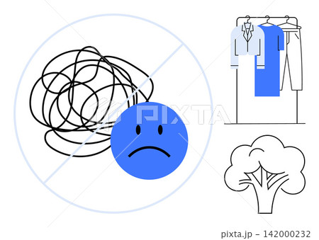 Mental health awareness, sustainable living, environmental care, emotional well-being, organization, eco-conscious lifestyle. Sad face stress. Tree and wardrobe sustainability and organization Mental health awareness, sustainable living, environmental care, emotional well-being, organization, eco-conscious lifestyle. Sad face stress. Tree and wardrobe sustainability and organization 142000232