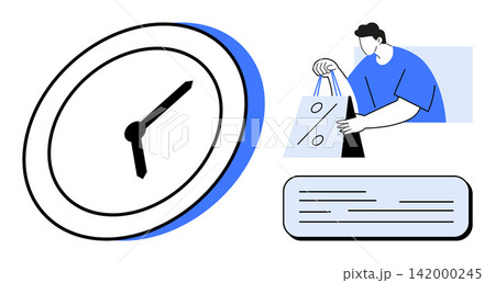 Time management, online shopping, retail discounts, productivity, consumer behavior, scheduling. Minimalistic clock illustration and person holding shopping bags. Time management and online shopping Time management, online shopping, retail discounts, productivity, consumer behavior, scheduling. Minimalistic clock illustration and person holding shopping bags. Time management and online shopping 142000245