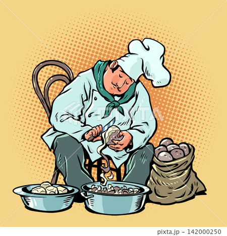 A chef peels potatoes. A symbol of the restaurant. A culinary professional. A chef peels potatoes. A symbol of the restaurant. A culinary professional. 142000250