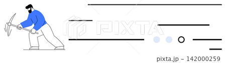 Cryptocurrency mining, blockchain technology, digital assets, data processing, online security, fintech. Minimalist design of a worker with a pickaxe. Cryptocurrency mining and blockchain concept 142000259