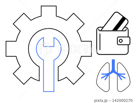 Business tools, financial management, health care, repair services, technical processes, human anatomy. Gear and wrench, wallet with card lung diagram. Repair services and financial management Business tools, financial management, health care, repair services, technical processes, human anatomy. Gear and wrench, wallet with card lung diagram. Repair services and financial management 142000270
