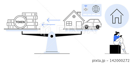 Finance, blockchain, real estate, digital payments, cryptocurrency, tokenization. A balance scale with tokens, a house and a car showing transaction flow. Finance and blockchain in a real estate 142000272