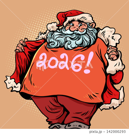 Santa Claus in a 2026 T-shirt. Santa Claus is celebrating the coming New Year. Special offers for customers during the holidays. Santa Claus in a 2026 T-shirt. Santa Claus is celebrating the coming New Year. Special offers for customers during the holidays. 142000293