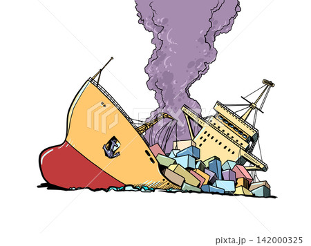 Cargo ship sinking. A broken and destroyed ship. Economic problems of logistics. 142000325