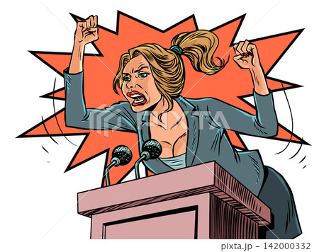 A woman is very furiously communicating from the podium. Funny politics and communication with citizens. Emotional people are screaming and waving their hands. A woman is very furiously communicating from the podium. Funny politics and communication with citizens. Emotional people are screaming and waving their hands. 142000332