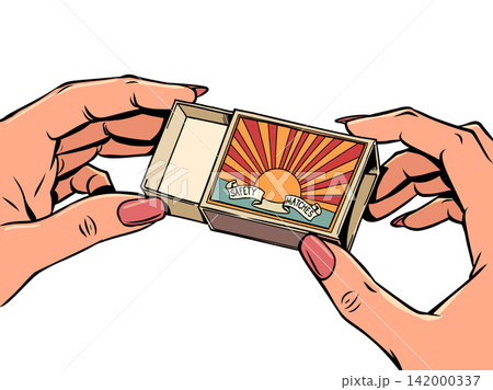Women's hands holding a matchbox. Items for a hike, tourist explorer. Hot sale and discounts. Women's hands holding a matchbox. Items for a hike, tourist explorer. Hot sale and discounts. 142000337