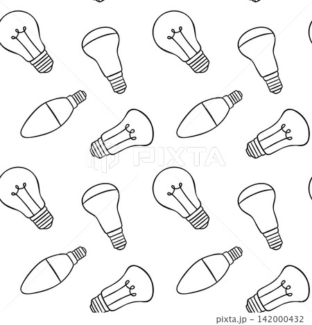 Hand-drawn repeatable pattern of light bulb with simple outline. Black and white design for textile prints and stationery Hand-drawn repeatable pattern of light bulb with simple outline. Black and white design for textile prints and stationery 142000432