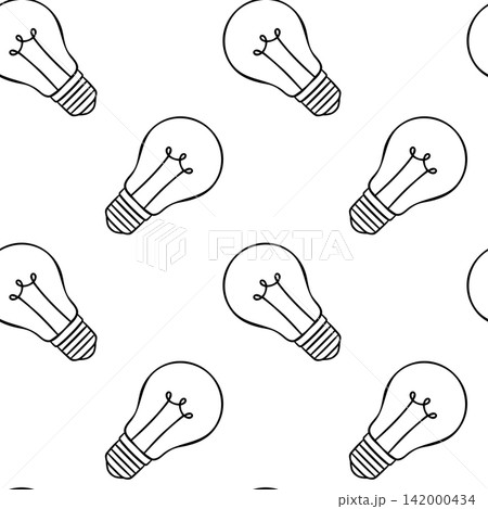 Hand-drawn doodle pattern of electric lamp with simple outline. Black and white vector design for wrapping paper and branding materials Hand-drawn doodle pattern of electric lamp with simple outline. Black and white vector design for wrapping paper and branding materials 142000434