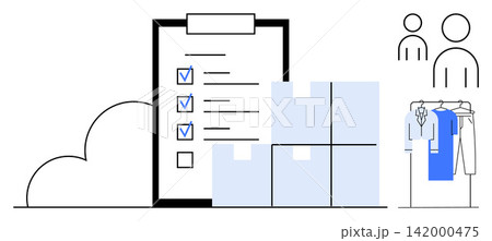 E-commerce logistics, retail solutions, supply chain, organization, online shopping, clothing store. Image shows a checklist, boxes and clothing. E-commerce logistics and retail solutions theme E-commerce logistics, retail solutions, supply chain, organization, online shopping, clothing store. Image shows a checklist, boxes and clothing. E-commerce logistics and retail solutions theme 142000475