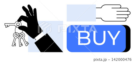 Real estate, digital transactions, property ownership, e-commerce, investment, financial trade. Black hand holding keys near a blue buy button. Real estate and digital transactions theme 142000476