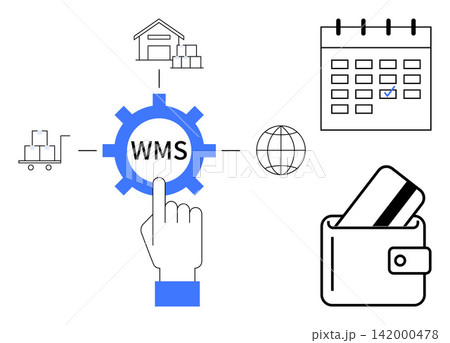 Logistics, inventory control, e-commerce, payment systems, business strategy, global trade. Gear icon labeled WMS, warehouse symbols calendar globe wallet and credit card. Logistics and inventory Logistics, inventory control, e-commerce, payment systems, business strategy, global trade. Gear icon labeled WMS, warehouse symbols calendar globe wallet and credit card. Logistics and inventory 142000478