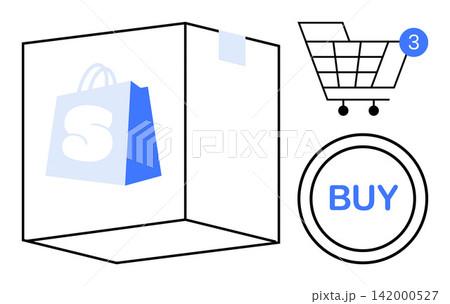Online shopping, e-commerce, retail business, technology integration, consumer purchasing, internet transactions. Shopping bag, cart and buy button icon. Online shopping and e-commerce concept Online shopping, e-commerce, retail business, technology integration, consumer purchasing, internet transactions. Shopping bag, cart and buy button icon. Online shopping and e-commerce concept 142000527