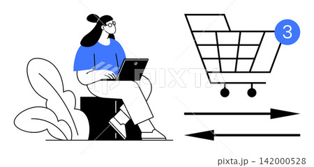 E-commerce, digital transactions, online purchases, delivery tracking, retail shopping, customer behavior. A woman using a laptop near a shopping cart icon with transaction arrows. E-commerce E-commerce, digital transactions, online purchases, delivery tracking, retail shopping, customer behavior. A woman using a laptop near a shopping cart icon with transaction arrows. E-commerce 142000528
