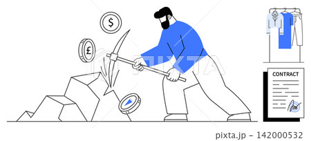 Cryptocurrency, financial investment, economic opportunities, business contracts, mining processes, digital economy. Miner extracting coins, display of contract document. Cryptocurrency and financial Cryptocurrency, financial investment, economic opportunities, business contracts, mining processes, digital economy. Miner extracting coins, display of contract document. Cryptocurrency and financial 142000532