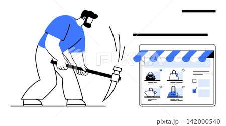 Cybersecurity, online shopping security, e-commerce, digital threats, hacking, data theft. A man wielding a pickaxe in front of an online store interface. Cybersecurity and online shopping security Cybersecurity, online shopping security, e-commerce, digital threats, hacking, data theft. A man wielding a pickaxe in front of an online store interface. Cybersecurity and online shopping security 142000540