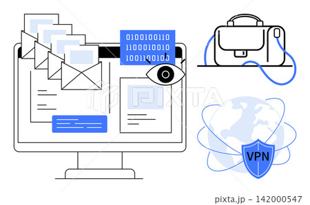 Online security, VPN protection, privacy, data encryption, email security, secure communication. A computer with files, an encrypted globe and a VPN shield. Online security and VPN protection Online security, VPN protection, privacy, data encryption, email security, secure communication. A computer with files, an encrypted globe and a VPN shield. Online security and VPN protection 142000547