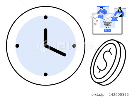 Time management, e-commerce, financial planning, online retail, budgeting, consumer behavior. A clock, coin and digital shopping interface. Time management and e-commerce illustrated concept Time management, e-commerce, financial planning, online retail, budgeting, consumer behavior. A clock, coin and digital shopping interface. Time management and e-commerce illustrated concept 142000556