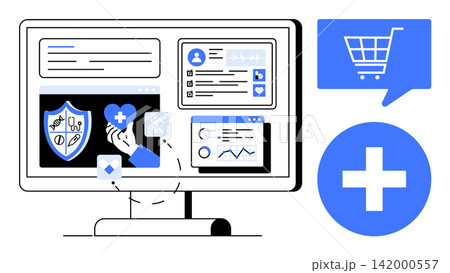 Telemedicine, health services, e-commerce, medical records, online shopping, accessibility. Computer screen with healthcare icons, graphs and a shopping cart. Telemedicine and health services in Telemedicine, health services, e-commerce, medical records, online shopping, accessibility. Computer screen with healthcare icons, graphs and a shopping cart. Telemedicine and health services in 142000557