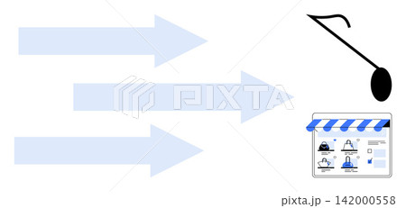 Music streaming, online shopping, e-commerce, digital media, music distribution, online platforms. Arrows pointing to a music note and a storefront graphic. Music streaming and e-commerce ideas Music streaming, online shopping, e-commerce, digital media, music distribution, online platforms. Arrows pointing to a music note and a storefront graphic. Music streaming and e-commerce ideas 142000558