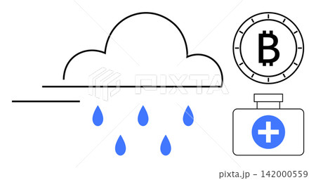 Cloud computing, cryptocurrency systems, digital finance, blockchain, medical tools, future technology. Cloud with rain droplets, Bitcoin symbol medical case. Cloud computing and cryptocurrency Cloud computing, cryptocurrency systems, digital finance, blockchain, medical tools, future technology. Cloud with rain droplets, Bitcoin symbol medical case. Cloud computing and cryptocurrency 142000559