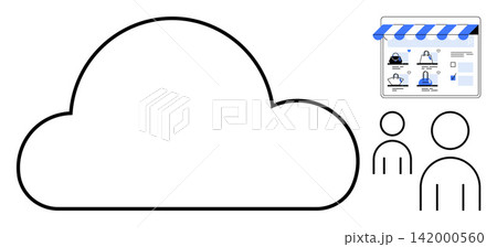E-commerce, cloud services, online collaboration, digital marketplace, user interaction, internet applications. A cloud icon, storefront and users. Cloud services and e-commerce concept E-commerce, cloud services, online collaboration, digital marketplace, user interaction, internet applications. A cloud icon, storefront and users. Cloud services and e-commerce concept 142000560