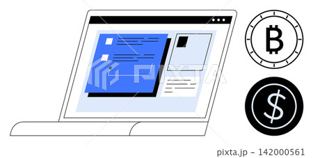 Digital money, cryptocurrency, financial technology, online shopping, trading platforms, blockchain. A laptop screen with Bitcoin and dollar icons. Cryptocurrency and financial technology concept Digital money, cryptocurrency, financial technology, online shopping, trading platforms, blockchain. A laptop screen with Bitcoin and dollar icons. Cryptocurrency and financial technology concept 142000561