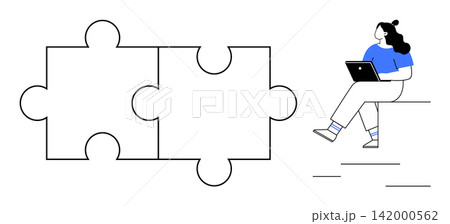 Problem solving, teamwork, strategy, learning, creativity, online solutions. Two puzzle pieces next to a seated woman using a laptop. Problem solving and teamwork concept Problem solving, teamwork, strategy, learning, creativity, online solutions. Two puzzle pieces next to a seated woman using a laptop. Problem solving and teamwork concept 142000562