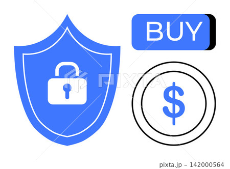 Online security, e-commerce, digital transactions, financial protection, secure payments, money management. Image includes a shield with a lock, a dollar symbol and a buy button. Online security Online security, e-commerce, digital transactions, financial protection, secure payments, money management. Image includes a shield with a lock, a dollar symbol and a buy button. Online security 142000564