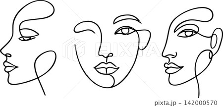 Three abstract faces drawn with one continuous line - minimalist vector art, modern design and aesthetic portrait concept. Three abstract faces drawn with one continuous line - minimalist vector art, modern design and aesthetic portrait concept. 142000570