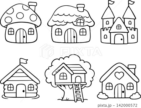 Cute hand drawn icon set of whimsical houses, cottage, castle and treehouse illustrations with simple black outlines. Cute hand drawn icon set of whimsical houses, cottage, castle and treehouse illustrations with simple black outlines. 142000572