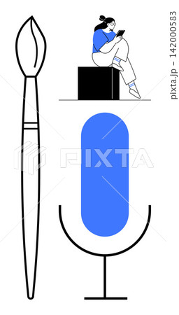 Art, creativity, communication, media, technology, content creation. A paintbrush, large microphone and a woman seated on a block using her phone. Art and communication concept Art, creativity, communication, media, technology, content creation. A paintbrush, large microphone and a woman seated on a block using her phone. Art and communication concept 142000583