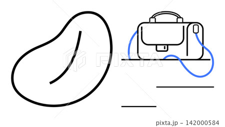 Modern design, conceptual art, product design, branding, minimalism, creativity. Abstract bean shape and outlined satchel bag with strap. Modern design and conceptual art concept Modern design, conceptual art, product design, branding, minimalism, creativity. Abstract bean shape and outlined satchel bag with strap. Modern design and conceptual art concept 142000584