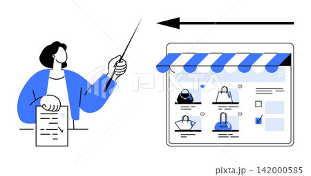 E-commerce, analytics, online shopping, business strategy, market analysis, user engagement. Person holding a document and pointing to an online store interface. E-commerce and analytics concept E-commerce, analytics, online shopping, business strategy, market analysis, user engagement. Person holding a document and pointing to an online store interface. E-commerce and analytics concept 142000585