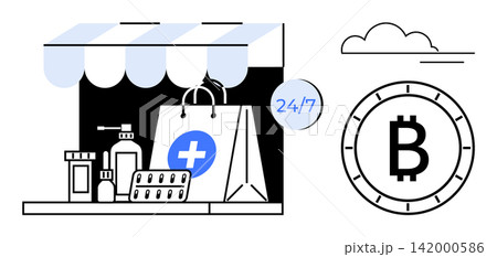 Digital commerce, online healthcare, cryptocurrency payments, medical products, remote services, blockchain solutions. Pharmacy items and Bitcoin symbol. Online healthcare and cryptocurrency payments Digital commerce, online healthcare, cryptocurrency payments, medical products, remote services, blockchain solutions. Pharmacy items and Bitcoin symbol. Online healthcare and cryptocurrency payments 142000586