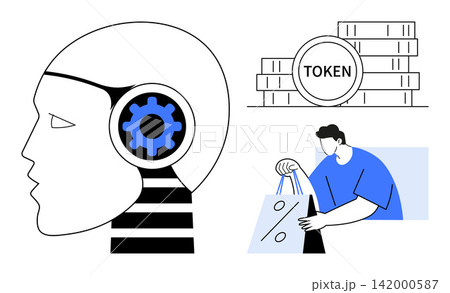 Artificial intelligence, cryptocurrency, e-commerce, digital currency, financial technology, innovation. Human head with a gear, token stacks man holding shopping bags. Artificial intelligence Artificial intelligence, cryptocurrency, e-commerce, digital currency, financial technology, innovation. Human head with a gear, token stacks man holding shopping bags. Artificial intelligence 142000587