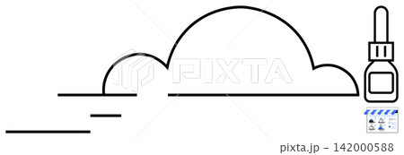 Cloud computing, data storage, technology innovation, digital transformation, software services, online platforms. Line art of a cloud, small bottle and tech symbols. Cloud computing and data Cloud computing, data storage, technology innovation, digital transformation, software services, online platforms. Line art of a cloud, small bottle and tech symbols. Cloud computing and data 142000588