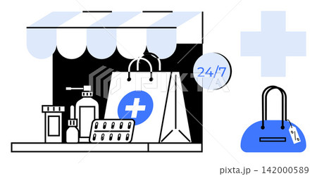 Healthcare services, online pharmacy, 24-hour access, telemedicine, medication delivery, medical convenience. Pharmacy counter, pills and bag with a medical cross. Healthcare services and online Healthcare services, online pharmacy, 24-hour access, telemedicine, medication delivery, medical convenience. Pharmacy counter, pills and bag with a medical cross. Healthcare services and online 142000589