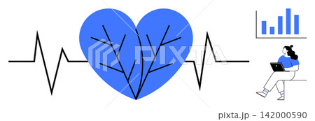 Healthcare, wellness, analytics, data tracking, fitness monitoring, digital health technology. Blue heart with ECG line, a chart and a person working on a laptop. Healthcare and wellness Healthcare, wellness, analytics, data tracking, fitness monitoring, digital health technology. Blue heart with ECG line, a chart and a person working on a laptop. Healthcare and wellness 142000590