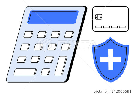 Financial planning, money management, health insurance, budget calculation, secure payment process, financial protection. Calculator, credit card and shield with cross. Financial planning and money Financial planning, money management, health insurance, budget calculation, secure payment process, financial protection. Calculator, credit card and shield with cross. Financial planning and money 142000591