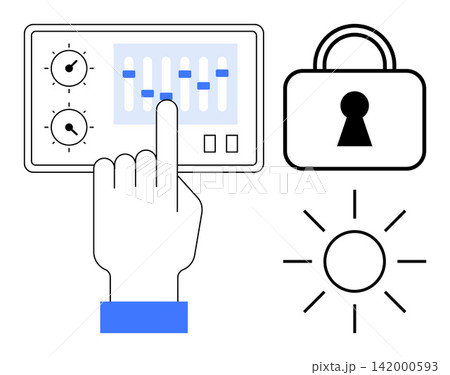 Digital security, data protection, system control, user interface, energy management, technology. Hand adjusting panel sliders, lock symbol and sun icon. Digital security and data protection concept Digital security, data protection, system control, user interface, energy management, technology. Hand adjusting panel sliders, lock symbol and sun icon. Digital security and data protection concept 142000593