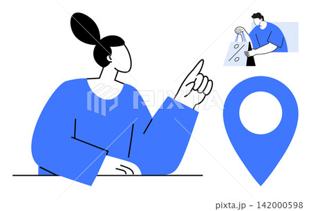 Navigation, online shopping, digital communication, directions, customer service, geolocation. Woman raising finger, blue location marker icon of person shopping. Navigation and online shopping Navigation, online shopping, digital communication, directions, customer service, geolocation. Woman raising finger, blue location marker icon of person shopping. Navigation and online shopping 142000598