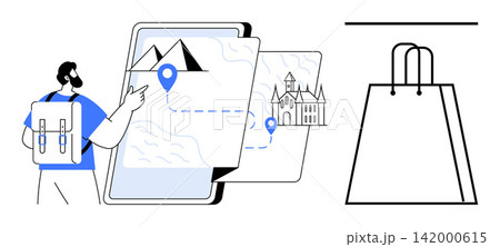 Travel planning, tourism apps, e-commerce, navigation tools, online shopping, travel accessories. Man with a backpack exploring digital maps and a shopping bag icon. Travel planning and tourism apps 142000615