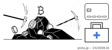Cryptocurrency, blockchain, e-commerce, financial technology, digital payments, medical expenses. Bitcoin mining with pickaxes, credit card and medical kit various applications. Cryptocurrency 142000616