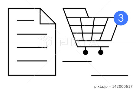 Online shopping, e-commerce, digital transactions, notifications, retail, customer service. Shopping cart with a notification and paper document icon. Online shopping and e-commerce concept 142000617